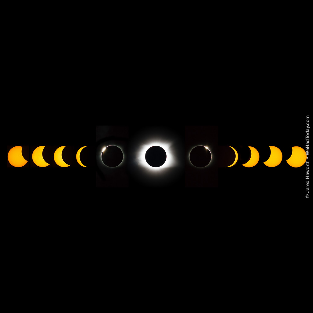 This photo is made up of 11 exposures from a telephoto camera aimed at the sun during the entirety of the solar eclipse.