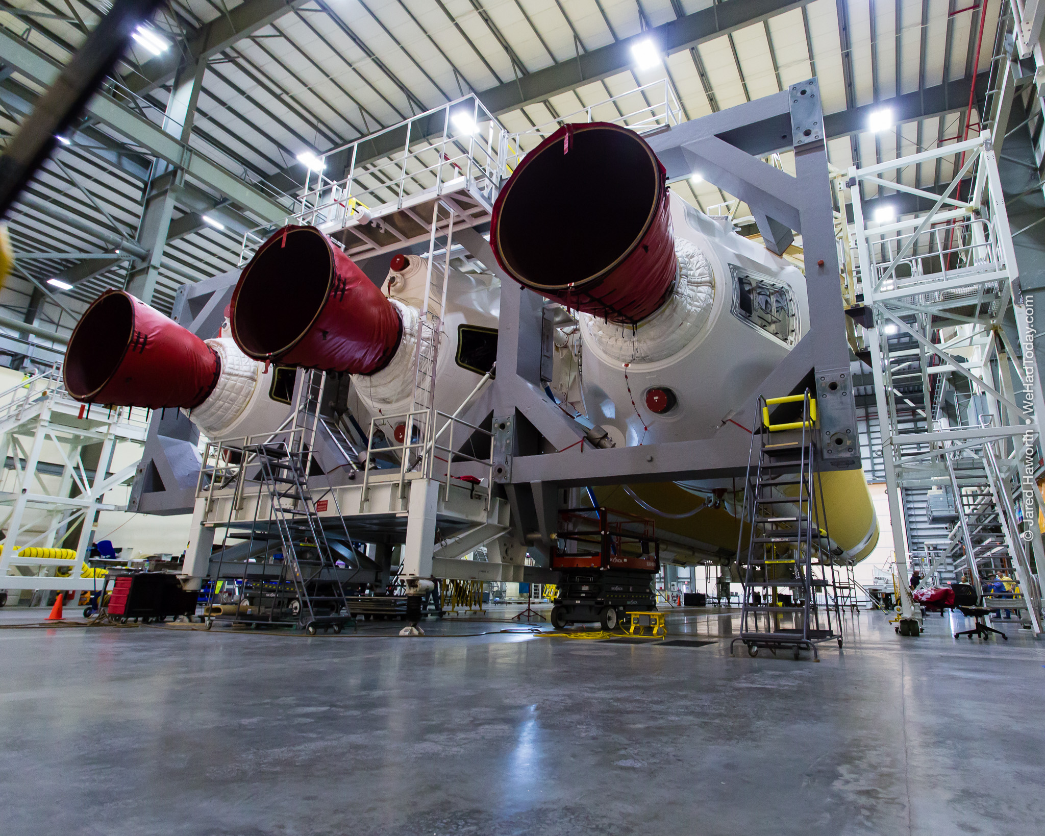 Looking at the business end of the Delta IV Heavy rocket, three Aerojet Rocketdyne RS-68 main engines.