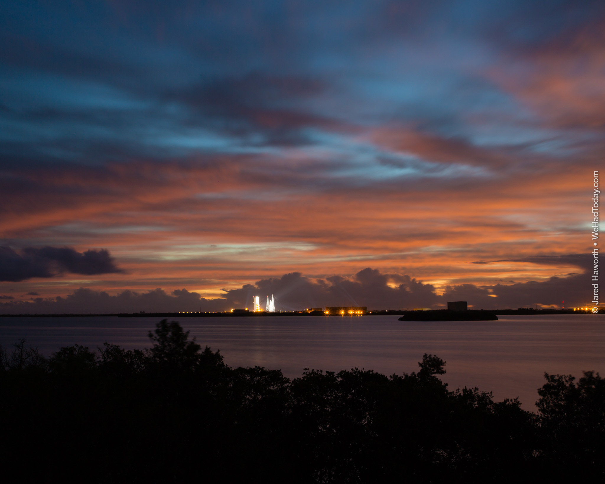 T-90 minutes to launch on December 4 (later scrubbed), the sun is just beginning to rise behind the Delta IV launchpad.