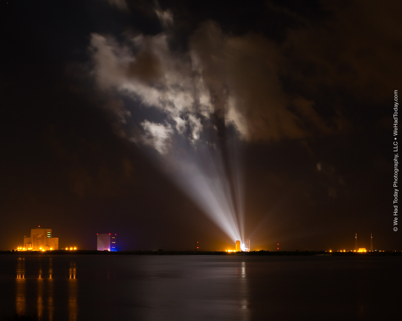 Xenon searchlights illuminate SLC-41 at the former 'Integrate-Transfer-Launch' Complex at Cape Canaveral Air Force Station.  SLC-40, seen at extreme right, was also once a part of the 'ITL' complex.