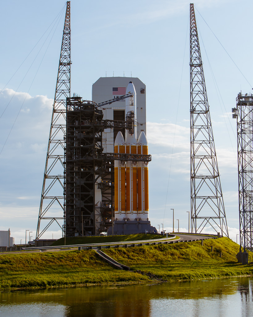 The Delta IV Heavy is fully exposed now that its mobile service tower has been rolled back for launch.