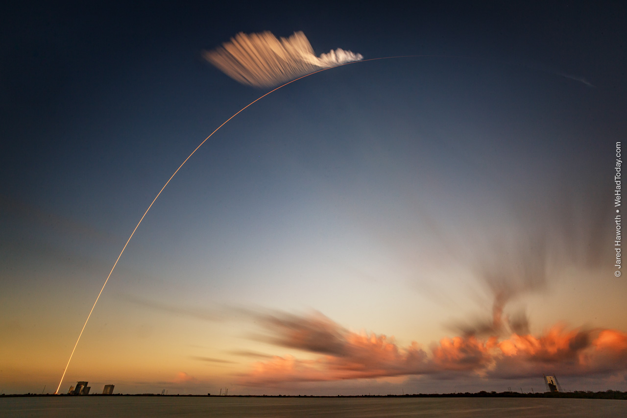This long exposure photograph captures the first three minutes of the SpaceX Falcon 9's flight to orbit, bearing EchoStar 105 / SES-11.