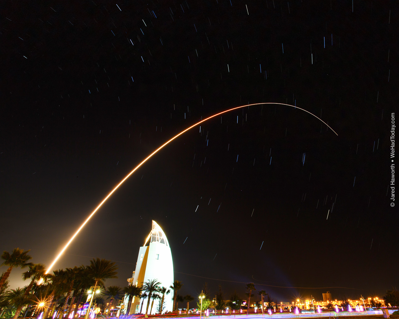 This 11 minute composite exposure depicts the flight of ULA's Delta IV Medium+ (5,4) rocket carrying WGS-8 to orbit.